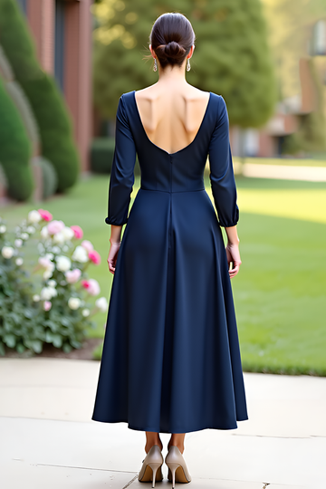 Navy Tea Length Wedding Guest Dress with Long Sleeves
